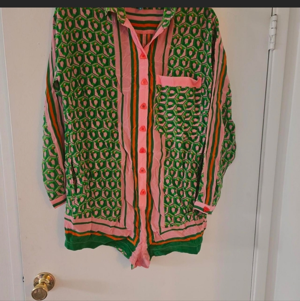 FARM Rio Pink and Green Geometric Button-Up Romper - Picture 5 of 7